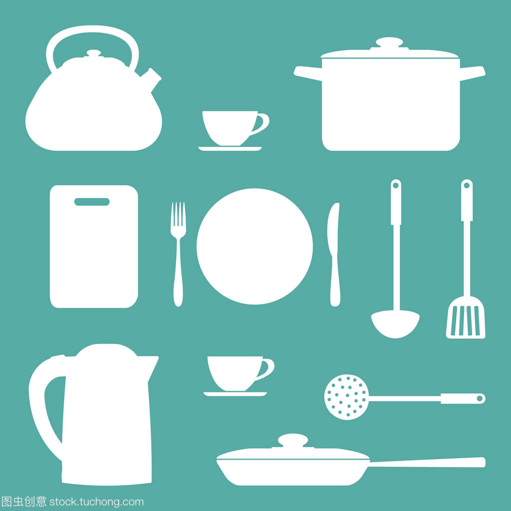 厨房用具和工具在蓝色背景上的白色形状